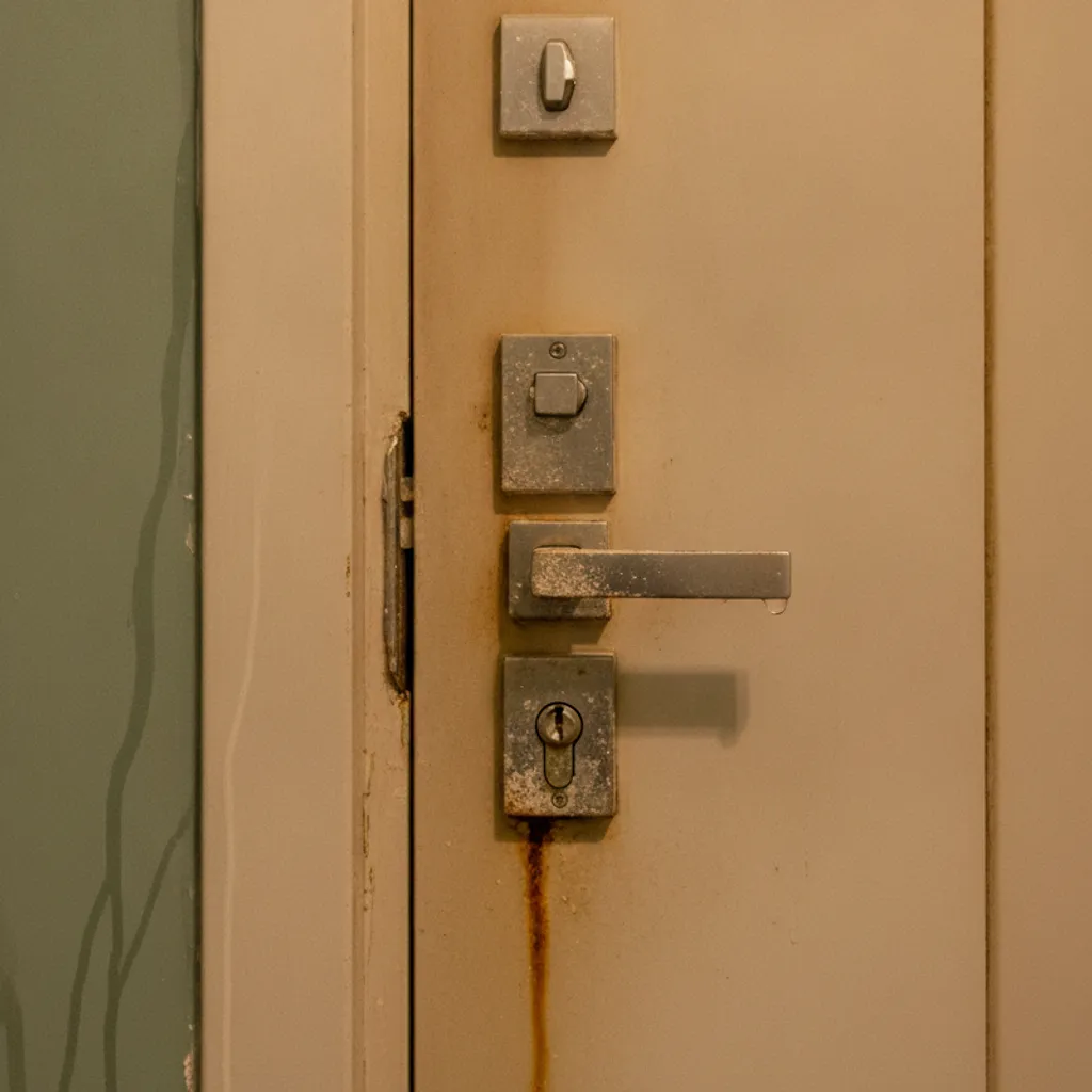 закисший замок и следы воды на входной двери после протечки